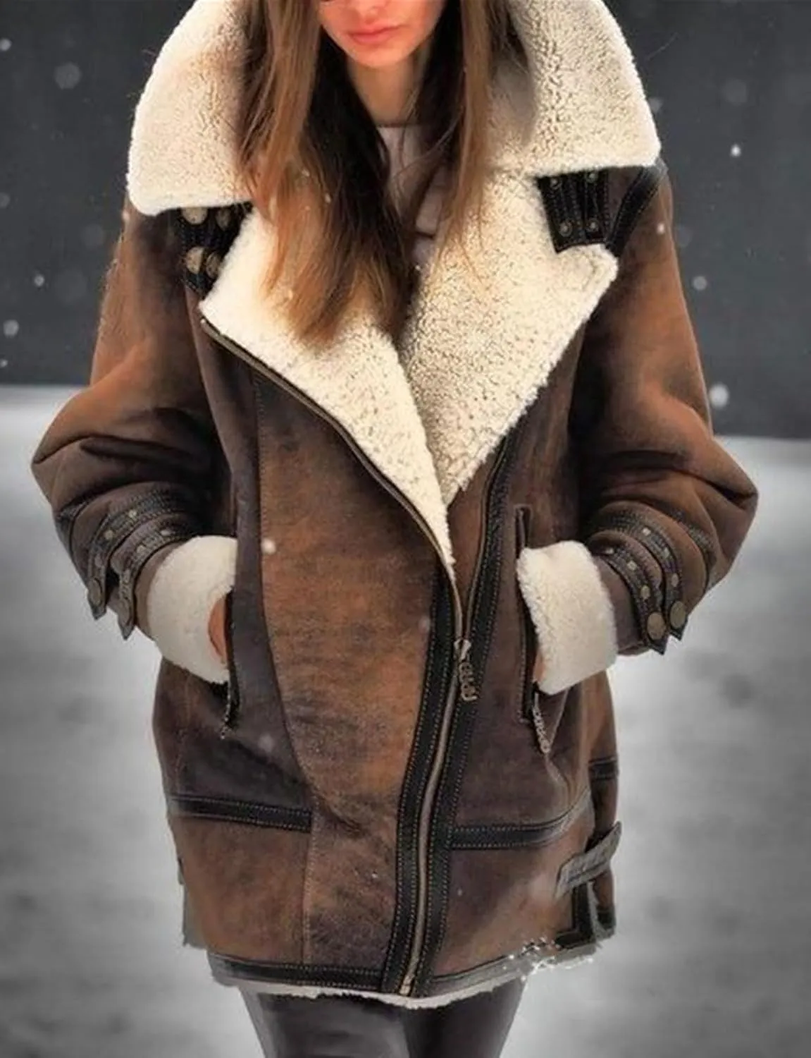 loveimgs Women Winter Long Suede Jacket Sherpa Fleece Oversized Faux Leather Jacket Moto Zip Warm Shearling Coat