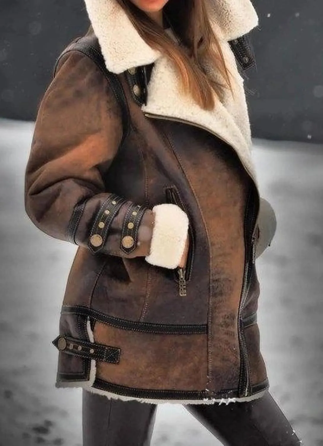 loveimgs Women Winter Long Suede Jacket Sherpa Fleece Oversized Faux Leather Jacket Moto Zip Warm Shearling Coat