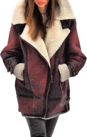 loveimgs Women Winter Long Suede Jacket Sherpa Fleece Oversized Faux Leather Jacket Moto Zip Warm Shearling Coat