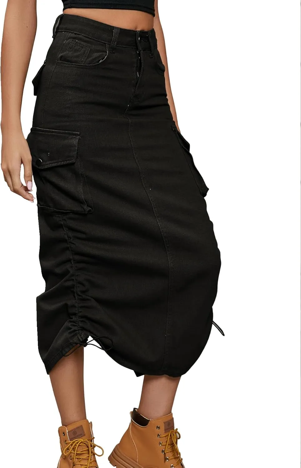 Lucrosun Women's Long Cargo Skirt Skinny High Waisted Denim Jean Midi Skirt