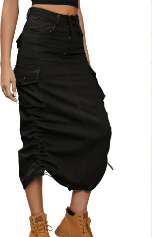 Lucrosun Women's Long Cargo Skirt Skinny High Waisted Denim Jean Midi Skirt