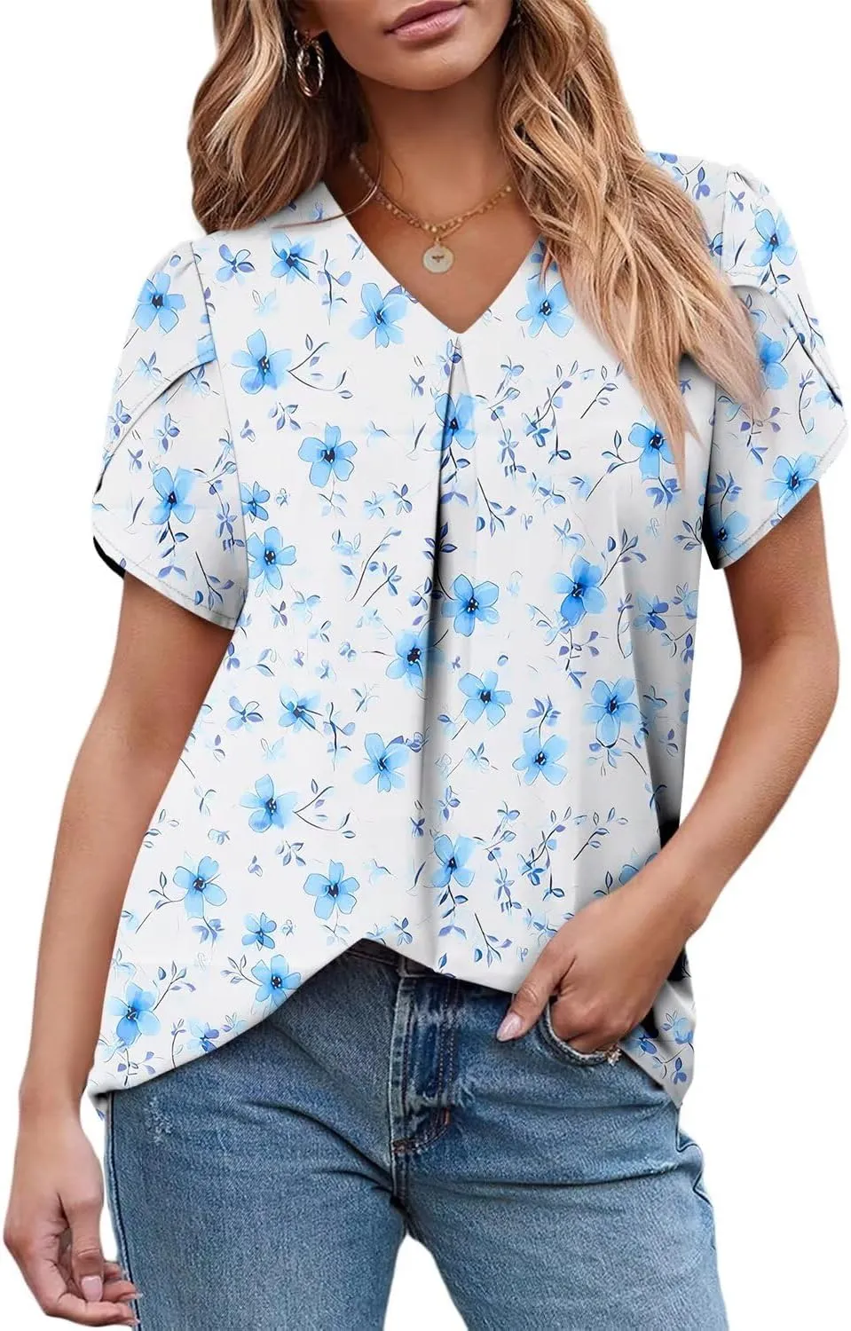 Magritta Womens Tops Dressy Casual Short Sleeve Pleated Tshirt 2025 Summer Loose Fitting Blouse Fashion V Neck Business Shirt