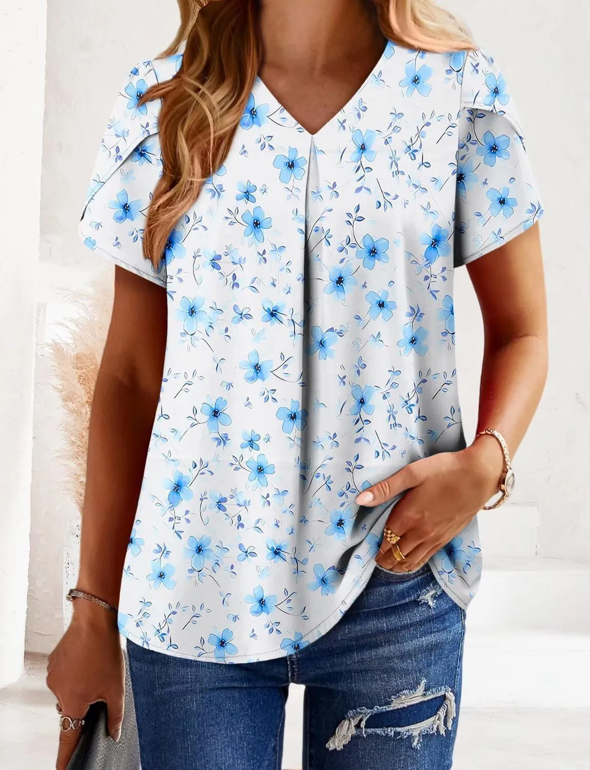 Magritta Womens Tops Dressy Casual Short Sleeve Pleated Tshirt 2025 Summer Loose Fitting Blouse Fashion V Neck Business Shirt