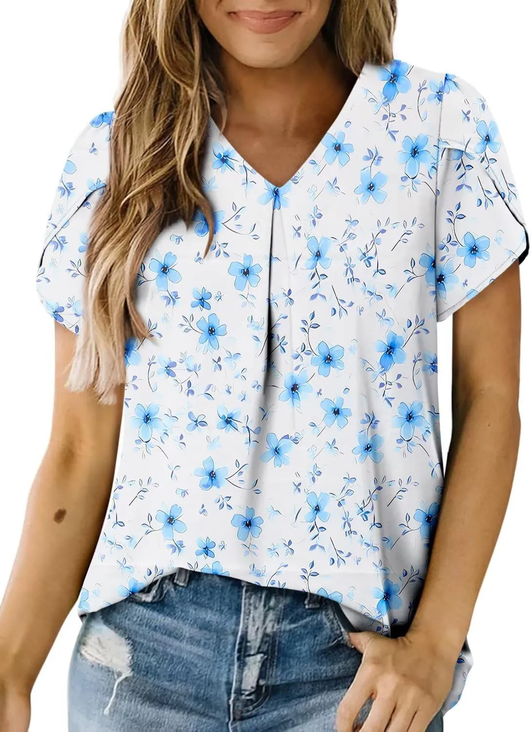 Magritta Womens Tops Dressy Casual Short Sleeve Pleated Tshirt 2025 Summer Loose Fitting Blouse Fashion V Neck Business Shirt