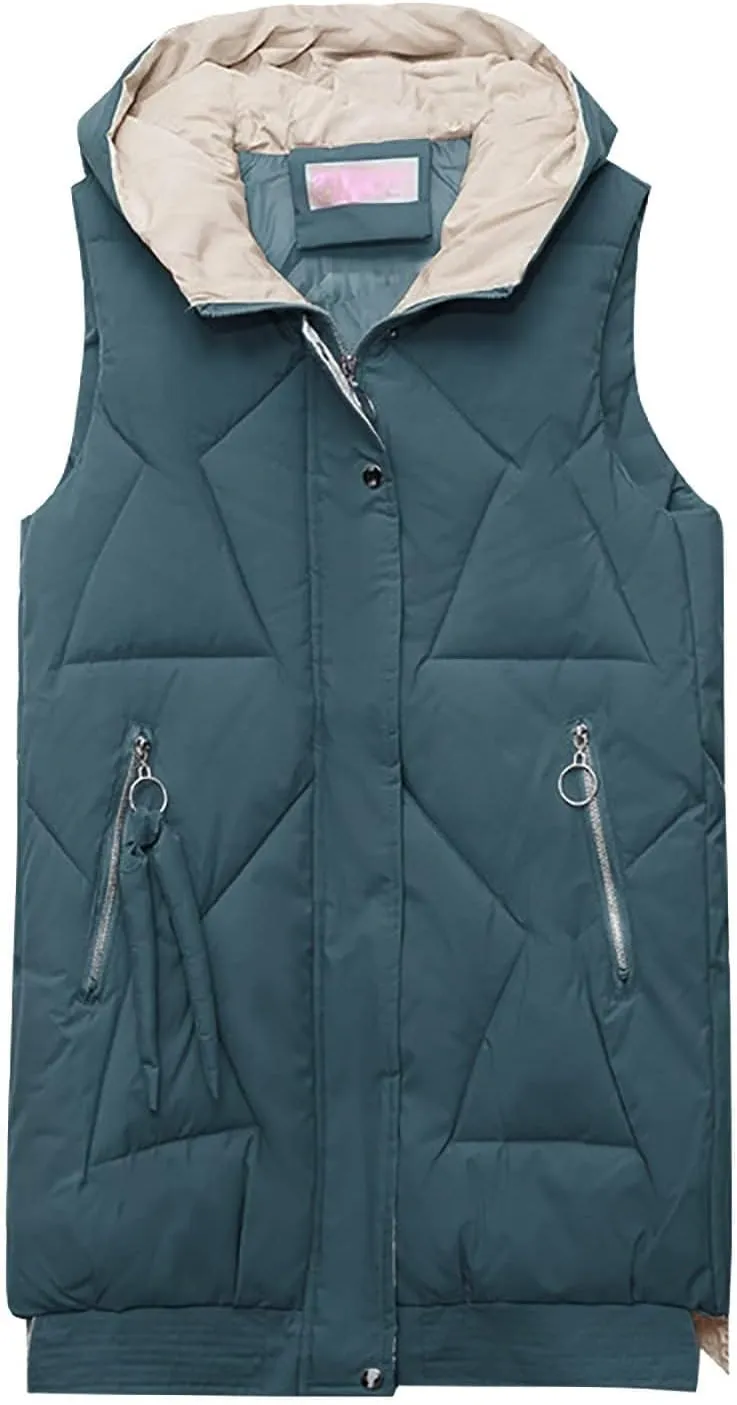 maisdgop Womens Long Puffer Vest Plus Size Zipper Down Jacket Coat 2024 Fashion Winter Cotton Padded Warm Hooded Outerwear