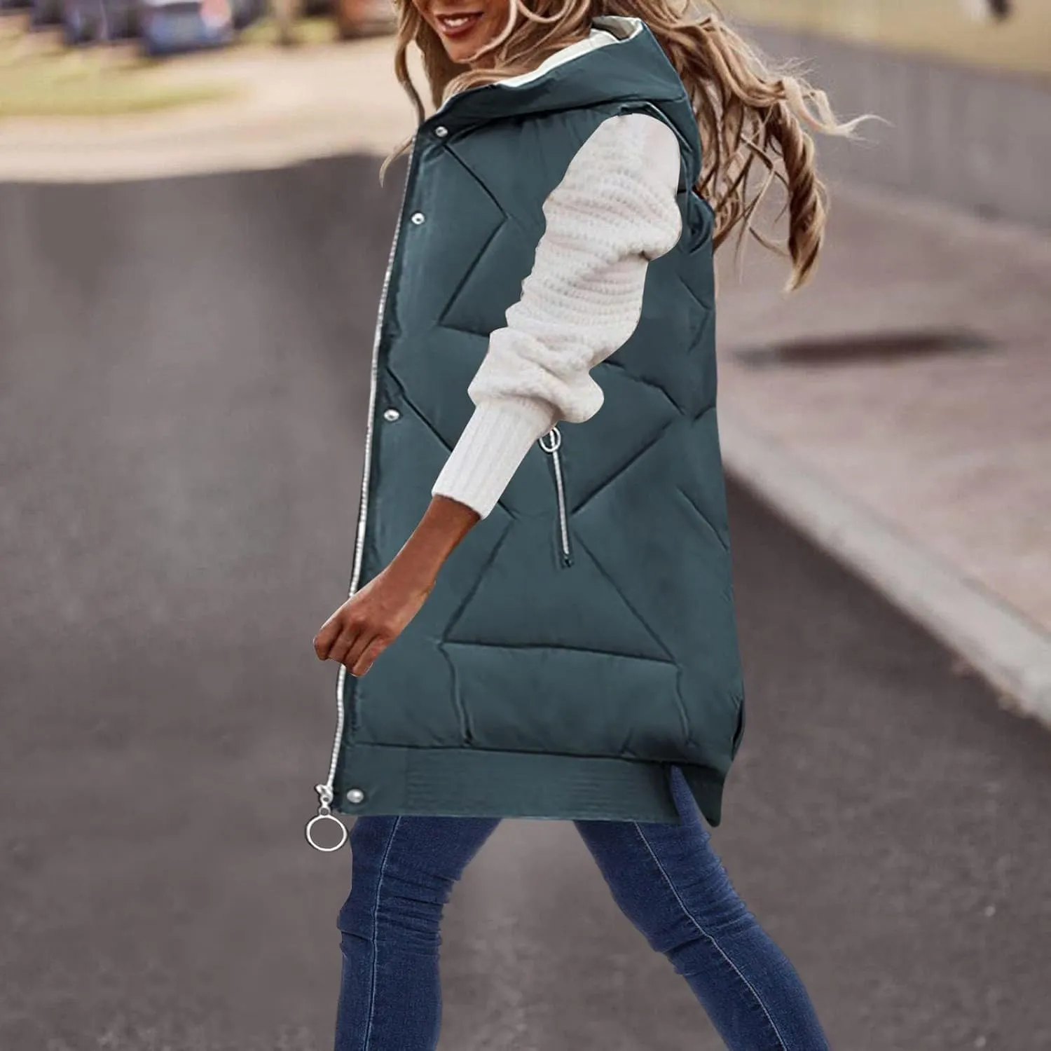 maisdgop Womens Long Puffer Vest Plus Size Zipper Down Jacket Coat 2024 Fashion Winter Cotton Padded Warm Hooded Outerwear