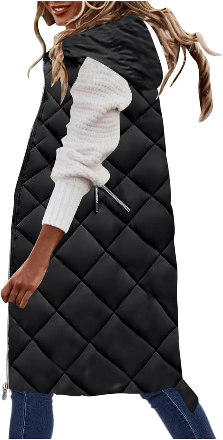 maisdgop Womens Long Puffer Vest Plus Size Zipper Down Jacket Coat 2024 Fashion Winter Cotton Padded Warm Hooded Outerwear