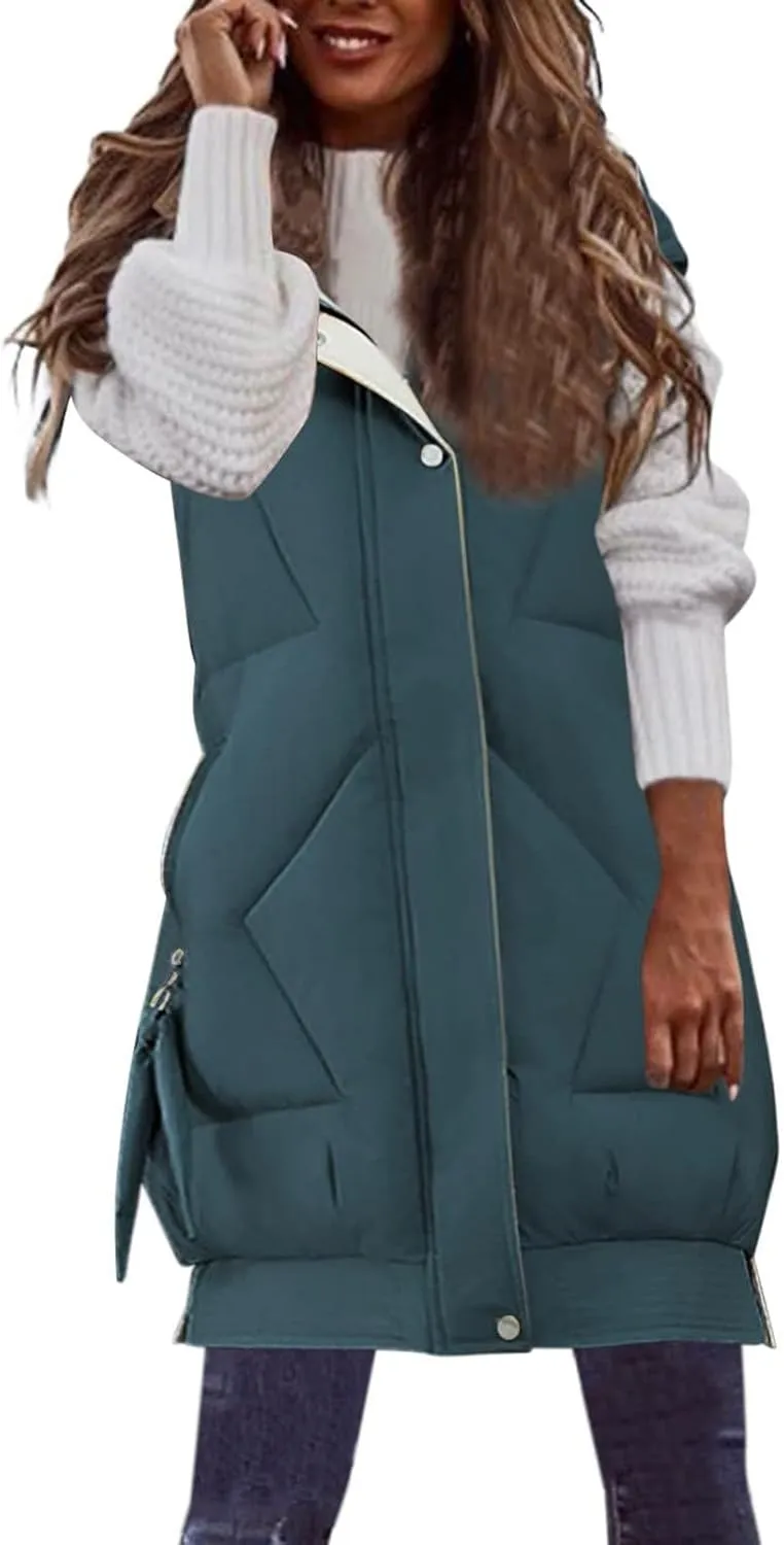 maisdgop Womens Long Puffer Vest Plus Size Zipper Down Jacket Coat 2024 Fashion Winter Cotton Padded Warm Hooded Outerwear