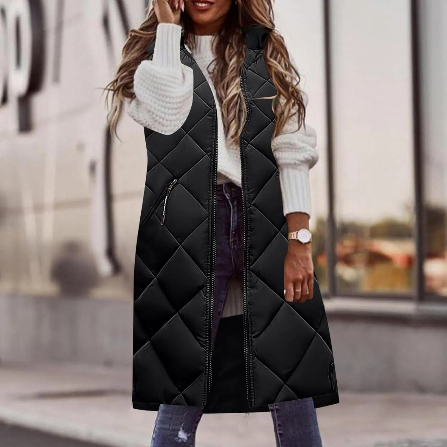 maisdgop Womens Long Puffer Vest Plus Size Zipper Down Jacket Coat 2024 Fashion Winter Cotton Padded Warm Hooded Outerwear