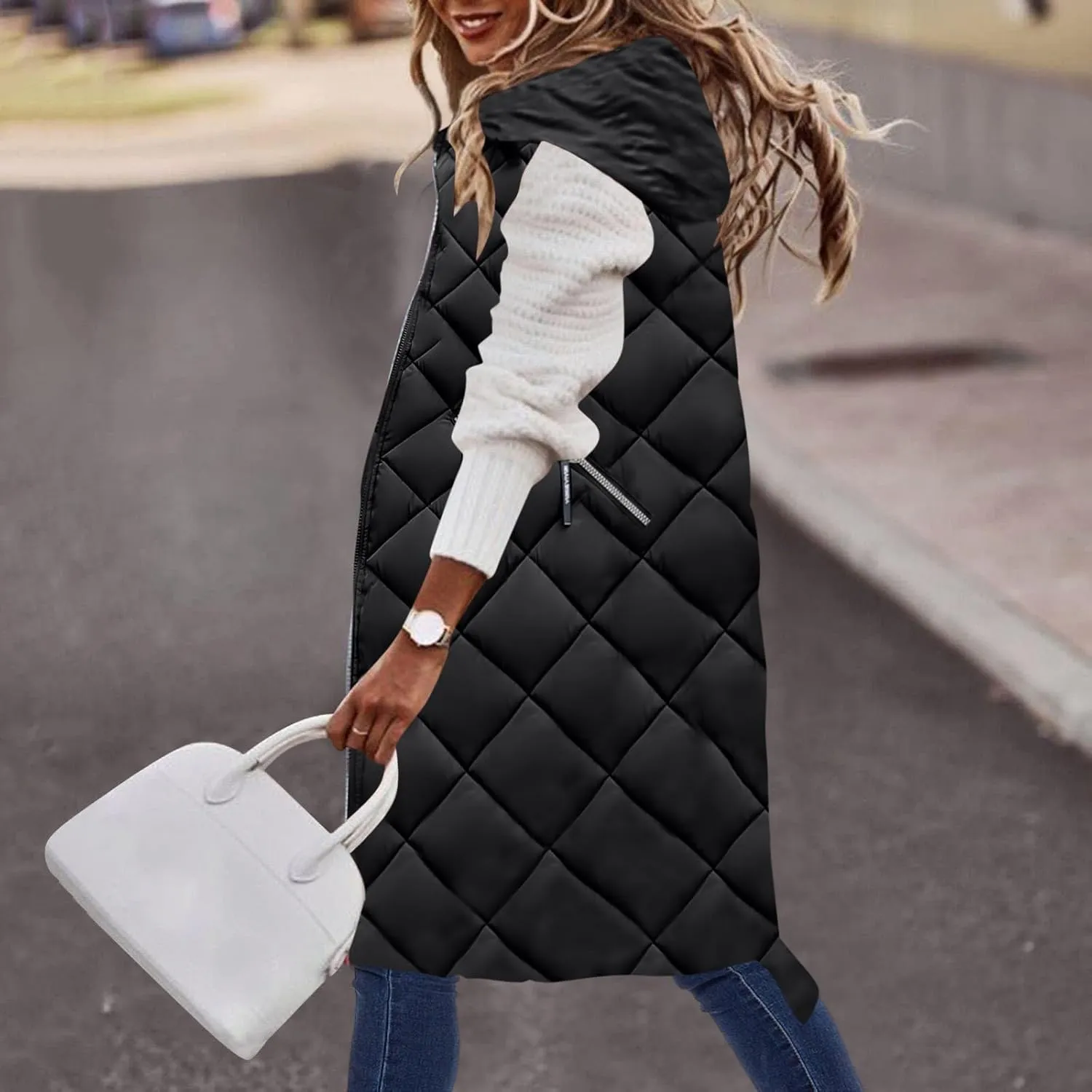 maisdgop Womens Long Puffer Vest Plus Size Zipper Down Jacket Coat 2024 Fashion Winter Cotton Padded Warm Hooded Outerwear