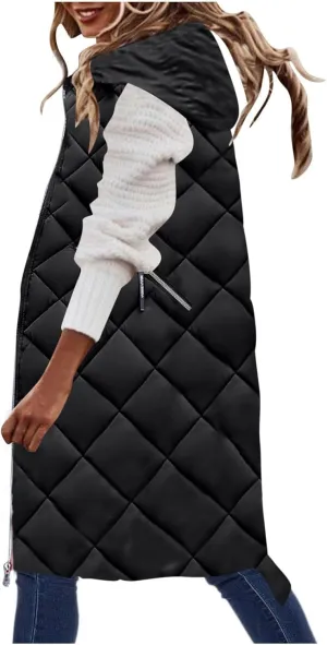 maisdgop Womens Long Puffer Vest Plus Size Zipper Down Jacket Coat 2024 Fashion Winter Cotton Padded Warm Hooded Outerwear