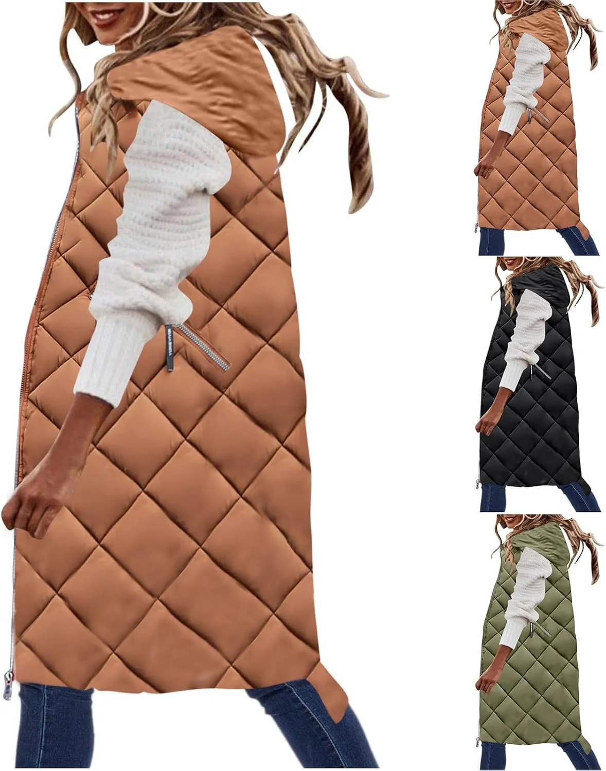 maisdgop Womens Long Puffer Vest Plus Size Zipper Down Jacket Coat 2024 Fashion Winter Cotton Padded Warm Hooded Outerwear