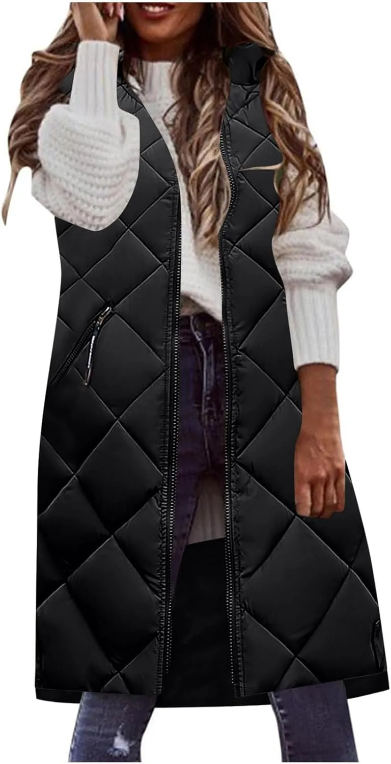 maisdgop Womens Long Puffer Vest Plus Size Zipper Down Jacket Coat 2024 Fashion Winter Cotton Padded Warm Hooded Outerwear