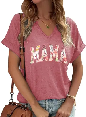 Mama V Neck Shirt Women Funny Mom Life T-Shirt Mother's Day Short Sleeve Graphic Tees Mama Gift Casual Tops Blouse