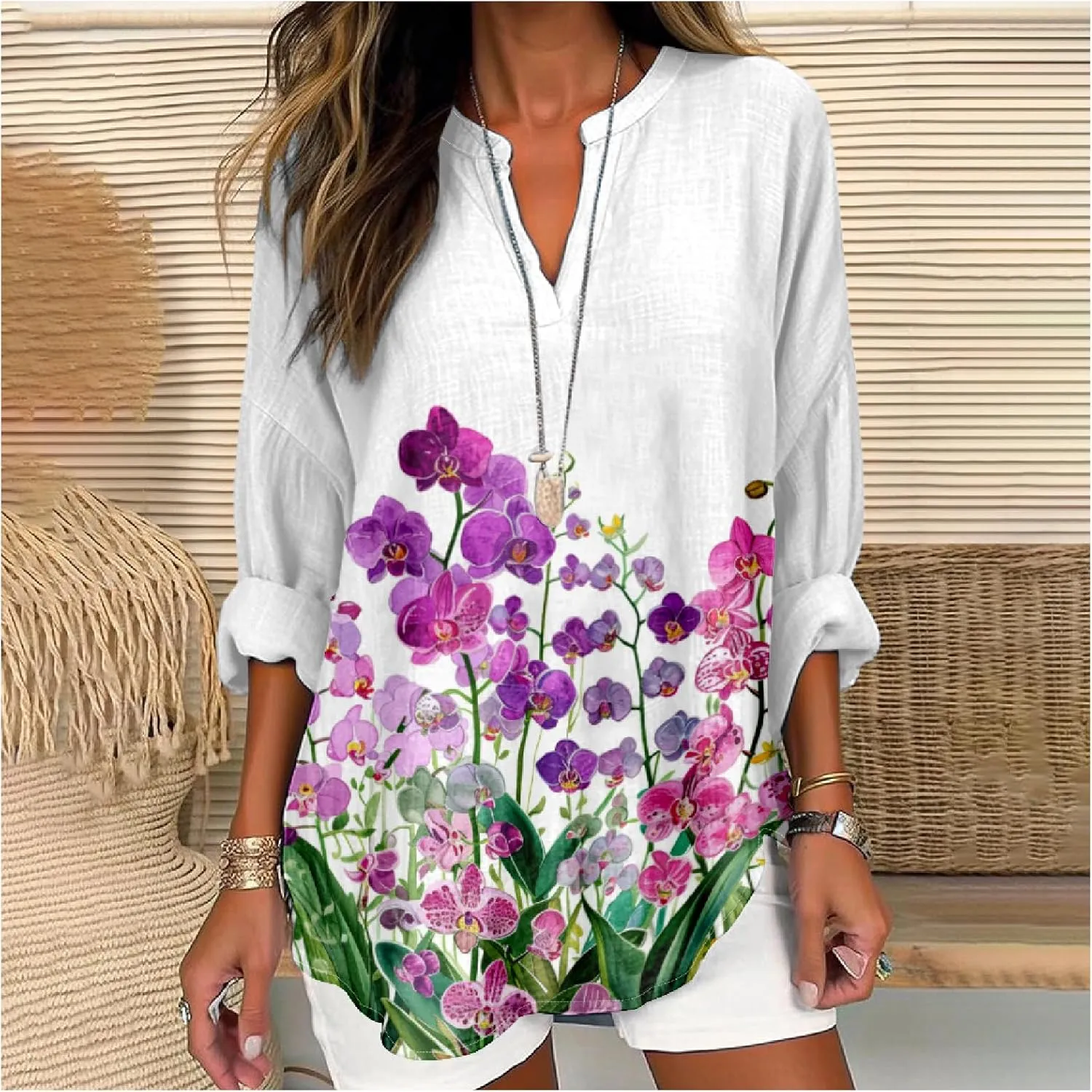 MARSVOVO V Neck Shirt For Women Boho Multi Style Blouse Long Sleeve Novelty Graphic Plus Size Pullover Tops For Women