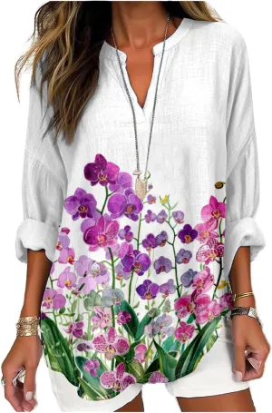 MARSVOVO V Neck Shirt For Women Boho Multi Style Blouse Long Sleeve Novelty Graphic Plus Size Pullover Tops For Women