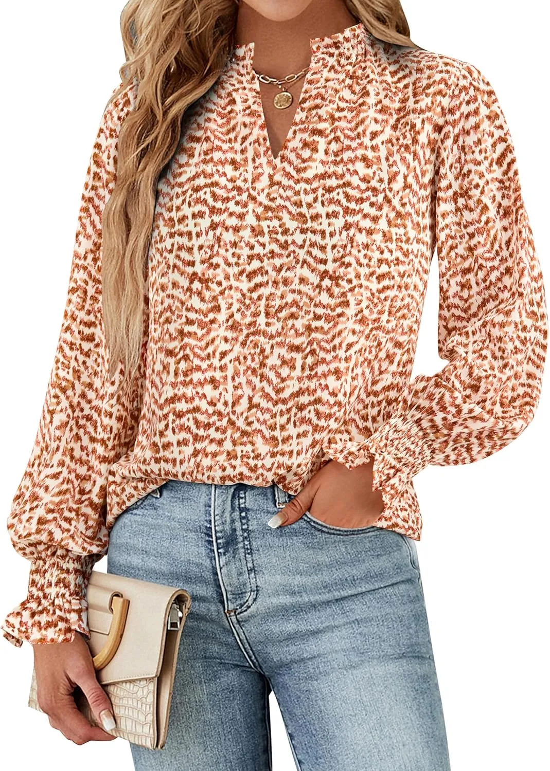 MASCOMODA Womens V Neck Floral Long Sleeve Tops 2025 Summer Casual Loose Puff Sleeve Chiffon Boho Work Blouse Dressy T Shirts