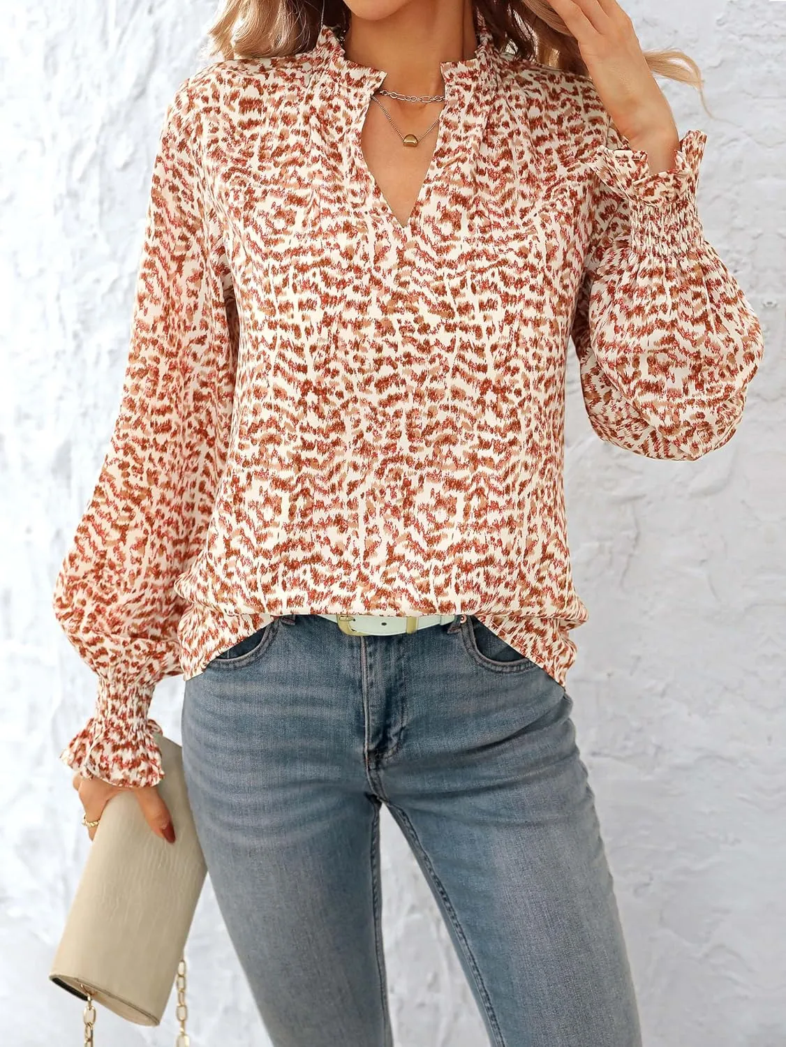 MASCOMODA Womens V Neck Floral Long Sleeve Tops 2025 Summer Casual Loose Puff Sleeve Chiffon Boho Work Blouse Dressy T Shirts
