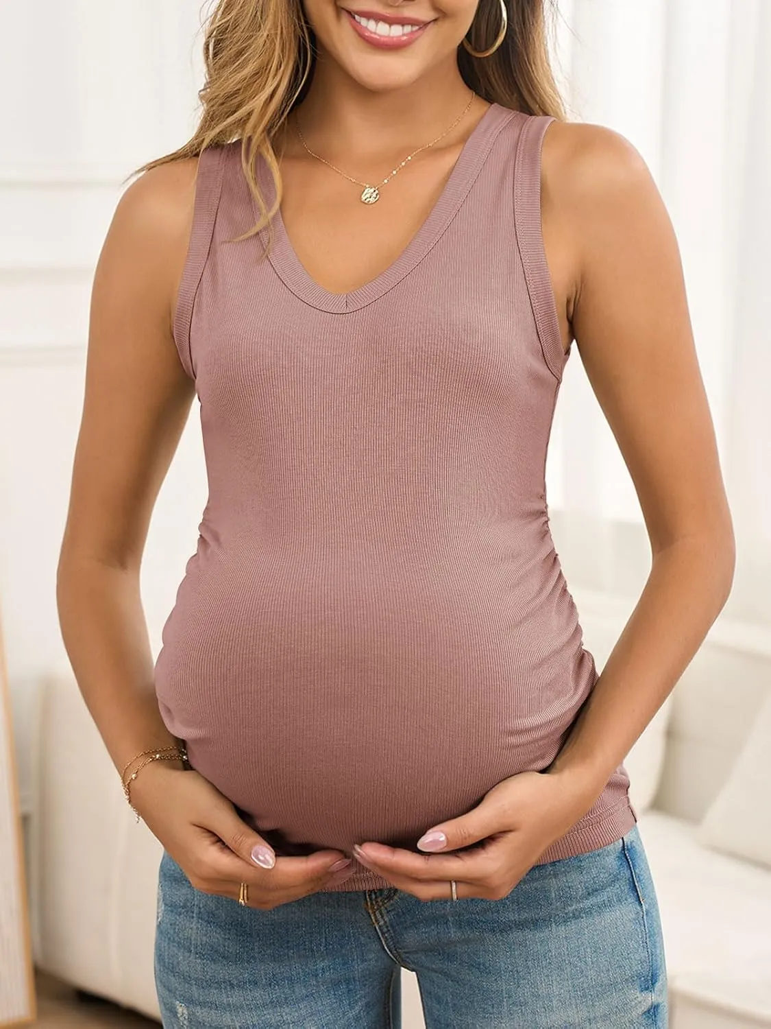 Maternity Tank Tops for Women Summer Sleeveless V Neck Ribbed Knit Slim Fitted Blouse Side Ruched Pregnancy Shirts