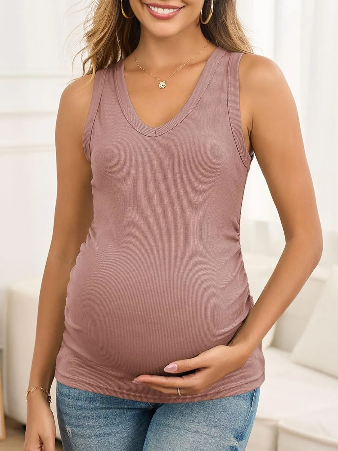Maternity Tank Tops for Women Summer Sleeveless V Neck Ribbed Knit Slim Fitted Blouse Side Ruched Pregnancy Shirts
