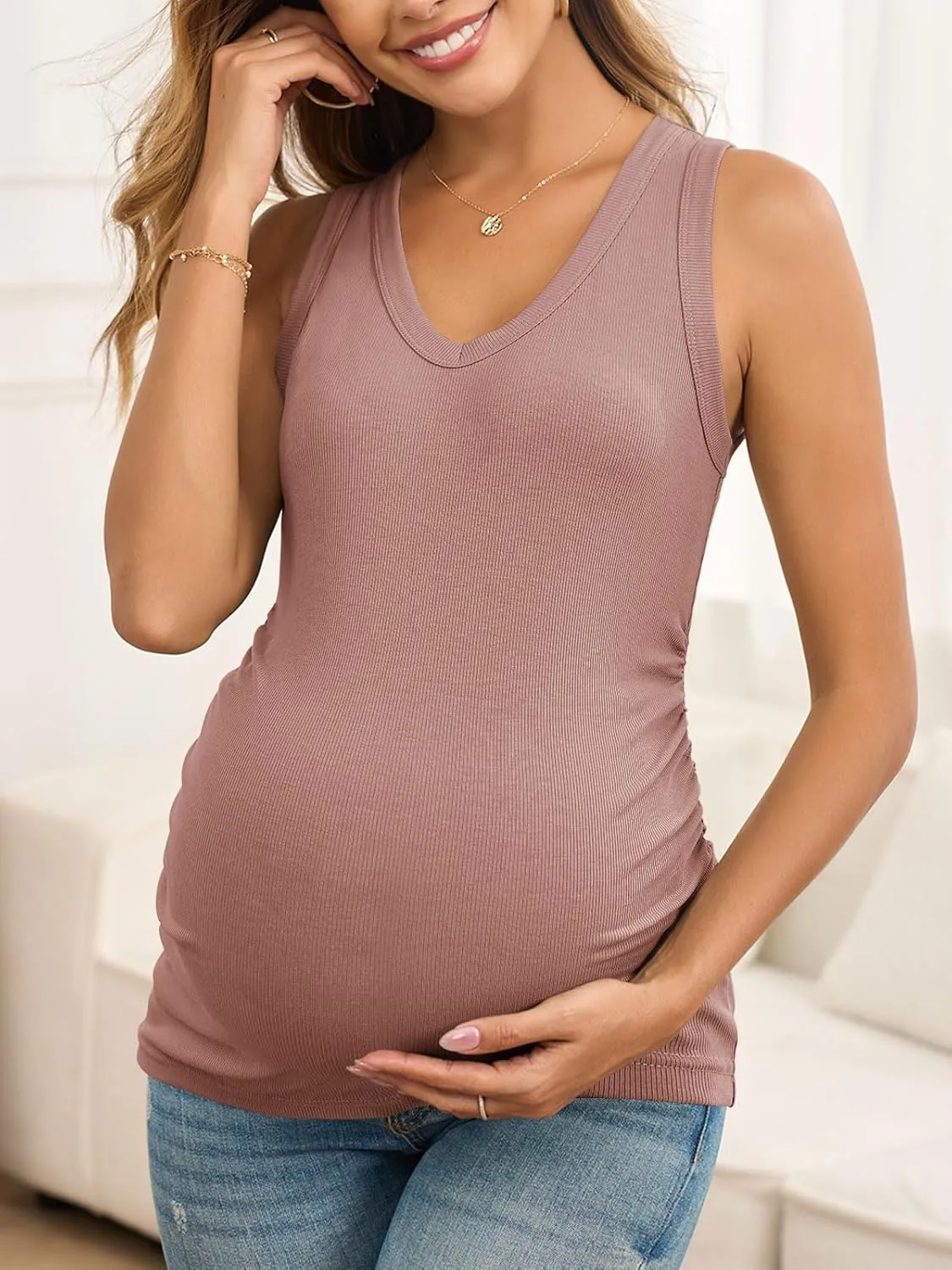 Maternity Tank Tops for Women Summer Sleeveless V Neck Ribbed Knit Slim Fitted Blouse Side Ruched Pregnancy Shirts