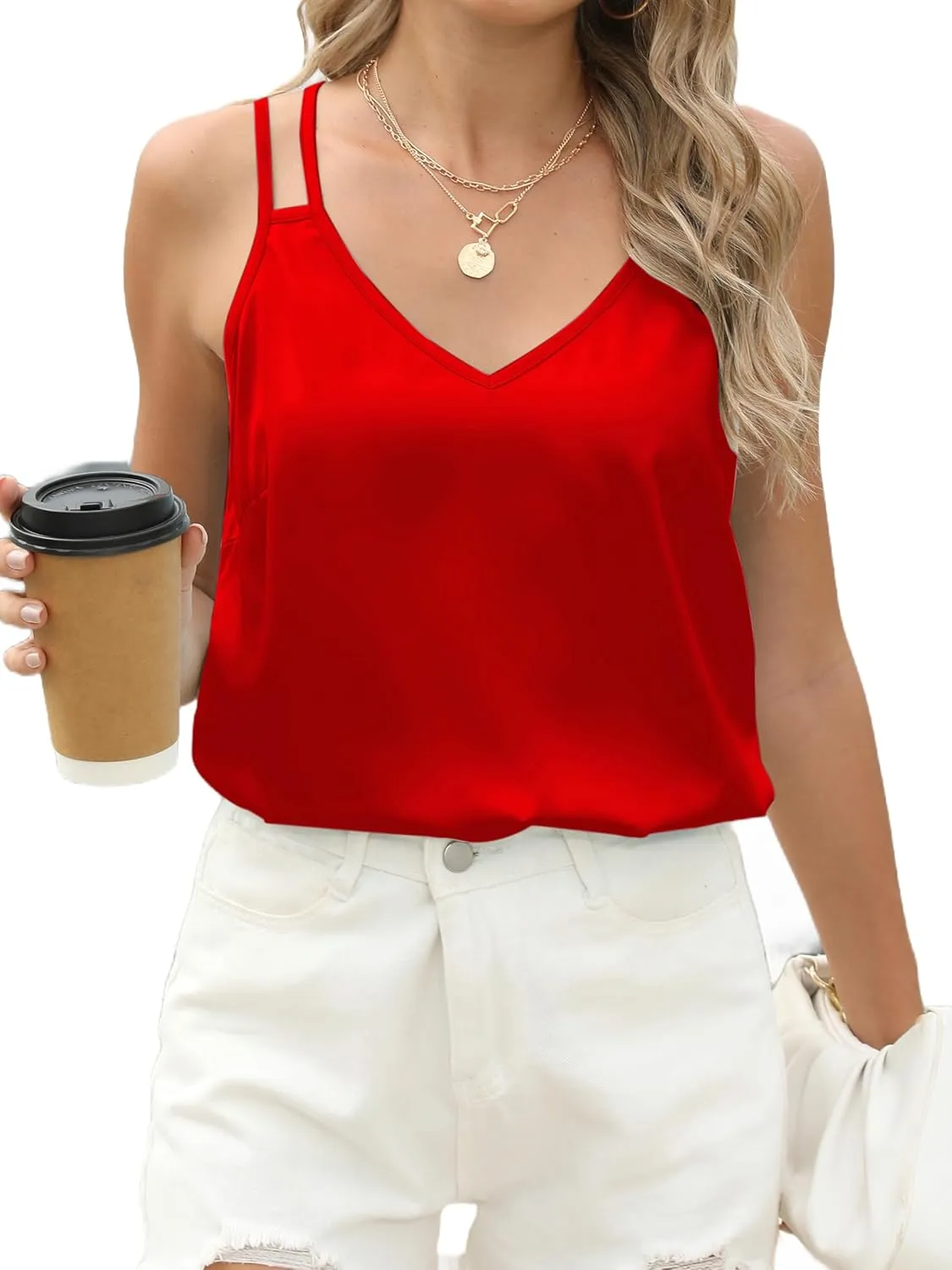 Mawor Camisole Tops for Women Summer Silk Satin V Neck Spaghetti Strap Tank Top Sleeveless Cami Blouse Shirts 2024