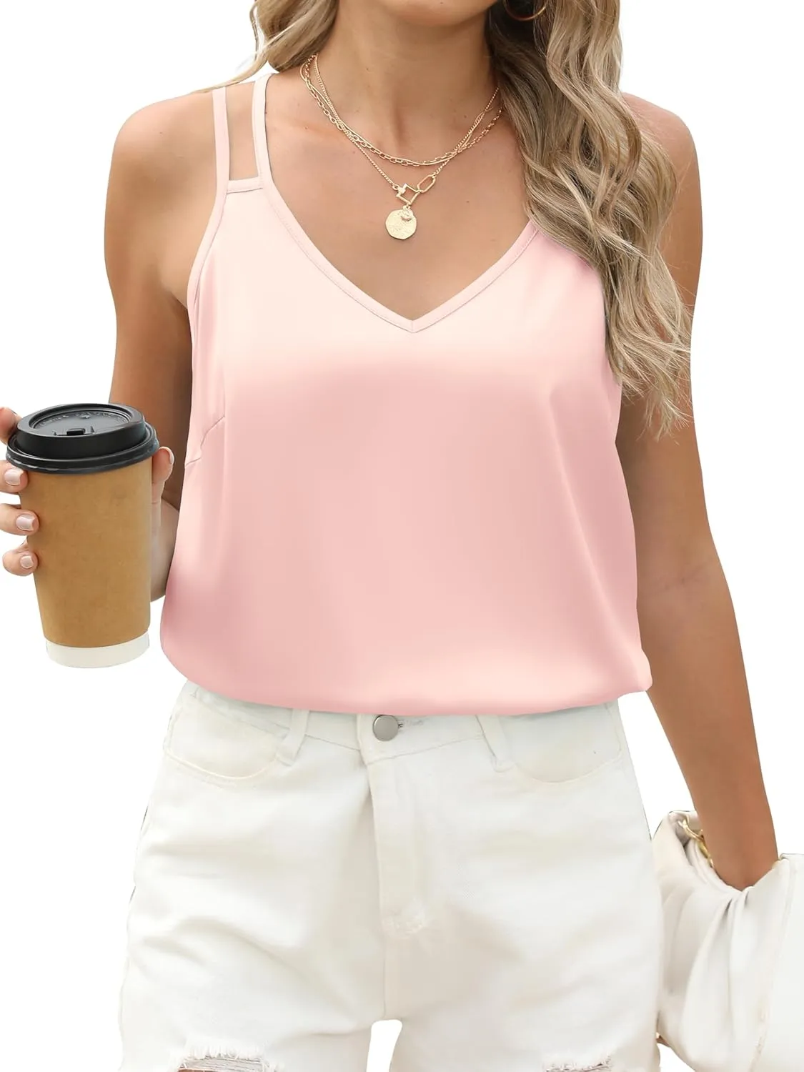 Mawor Camisole Tops for Women Summer Silk Satin V Neck Spaghetti Strap Tank Top Sleeveless Cami Blouse Shirts 2024