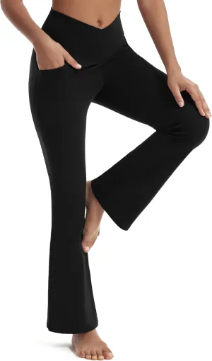 Maxbee Flare Yoga Pants with Pockets for Women, V Crossover Flare Leggings Tummy Control, High Waist Bootcut Yoga Leggings