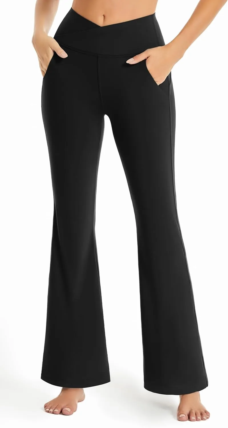 Maxbee Flare Yoga Pants with Pockets for Women, V Crossover Flare Leggings Tummy Control, High Waist Bootcut Yoga Leggings