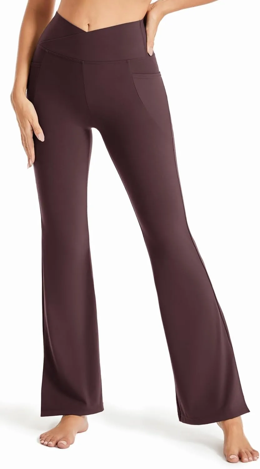 Maxbee Flare Yoga Pants with Pockets for Women, V Crossover Flare Leggings Tummy Control, High Waist Bootcut Yoga Leggings