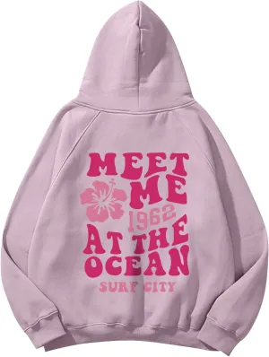 Meet Me 1962 At The Ocean Hoodies Long Sleeve Hooded Sweatshirt Trendy Letter Print Cute Preppy Y2K Pullover Tops