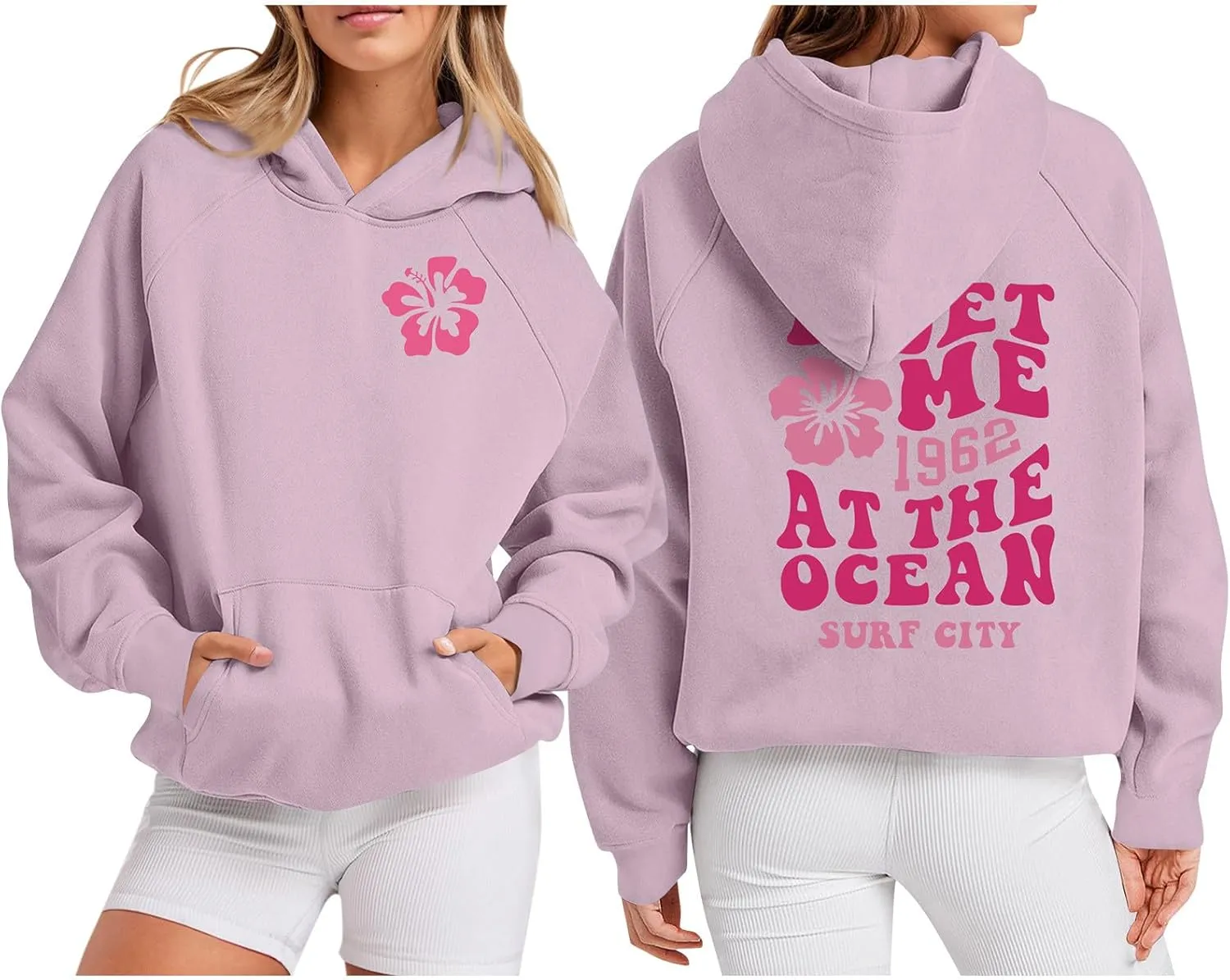 Meet Me 1962 At The Ocean Hoodies Long Sleeve Hooded Sweatshirt Trendy Letter Print Cute Preppy Y2K Pullover Tops