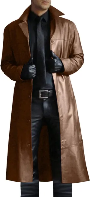 Men Faux Leather Trench Coat, Stylish Notch Stand Collar Detective Coat, Full Length Overcoat Solid Color Long Coat