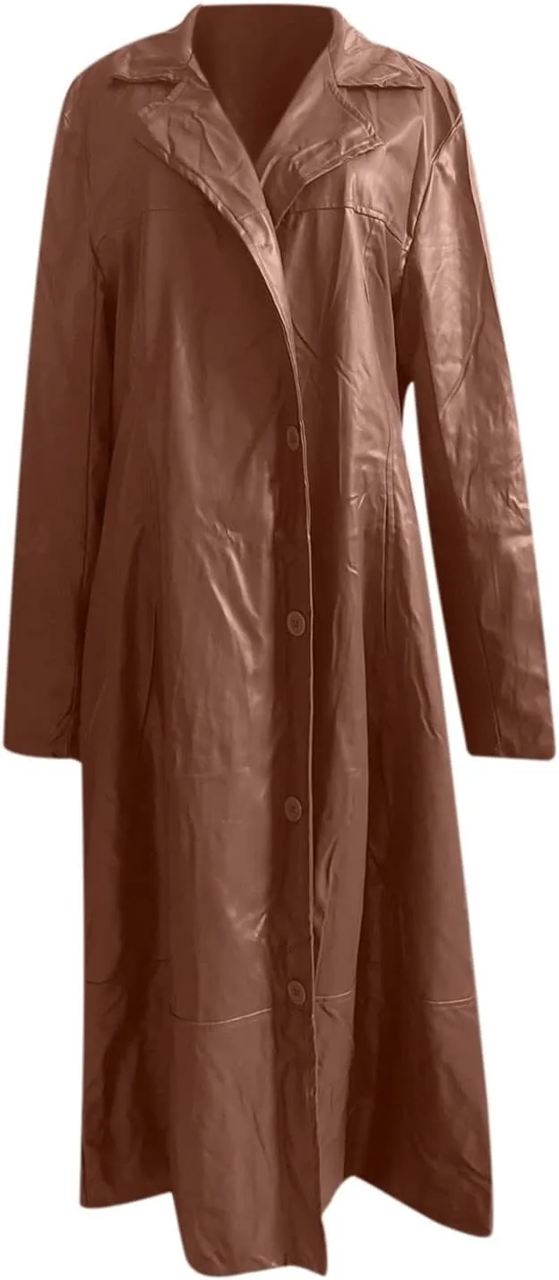 Men Faux Leather Trench Coat, Stylish Notch Stand Collar Detective Coat, Full Length Overcoat Solid Color Long Coat
