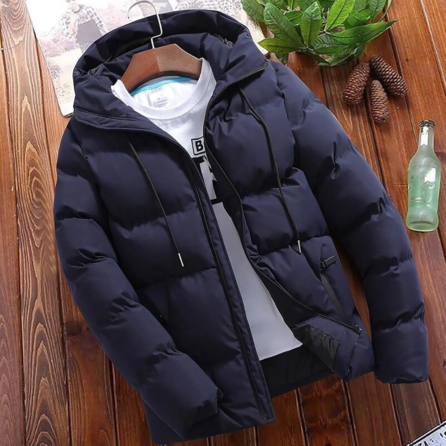 Men Puffer Jacket Hooded Light Packable Long Sleeve Zip Down Jacket Winter Warm Padded Bubble Outwear Coat
