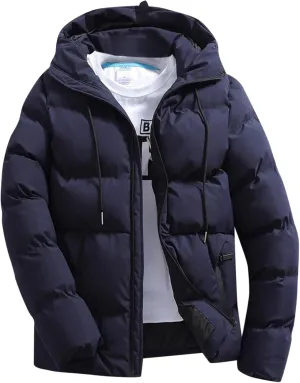 Men Puffer Jacket Hooded Light Packable Long Sleeve Zip Down Jacket Winter Warm Padded Bubble Outwear Coat