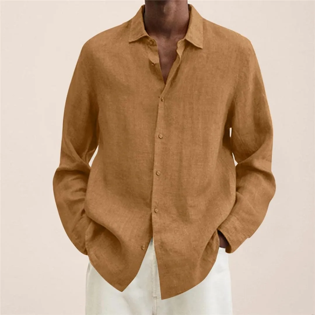 Men Shirts Loose Linen Solid Long Sleeve Turn-Down Collar Button Retro Autumn Shirt for Male Blouse Sexy Tops