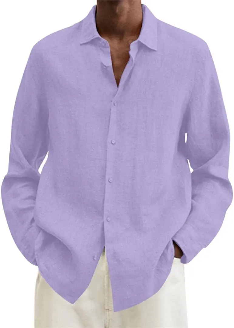 Men Shirts Loose Linen Solid Long Sleeve Turn-Down Collar Button Retro Autumn Shirt for Male Blouse Sexy Tops
