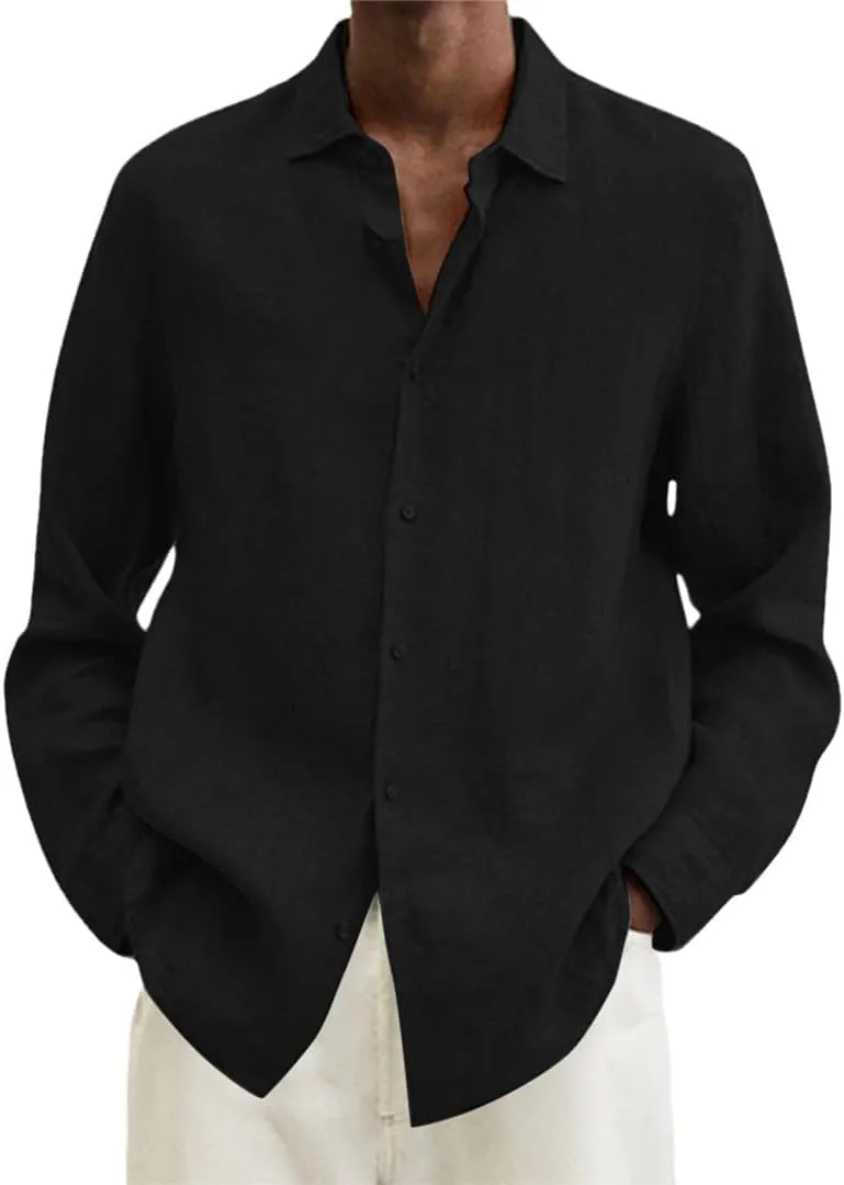 Men Shirts Loose Linen Solid Long Sleeve Turn-Down Collar Button Retro Autumn Shirt for Male Blouse Sexy Tops