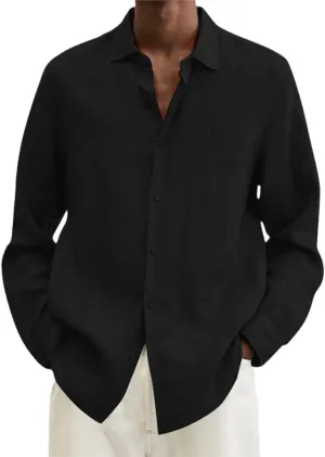 Men Shirts Loose Linen Solid Long Sleeve Turn-Down Collar Button Retro Autumn Shirt for Male Blouse Sexy Tops