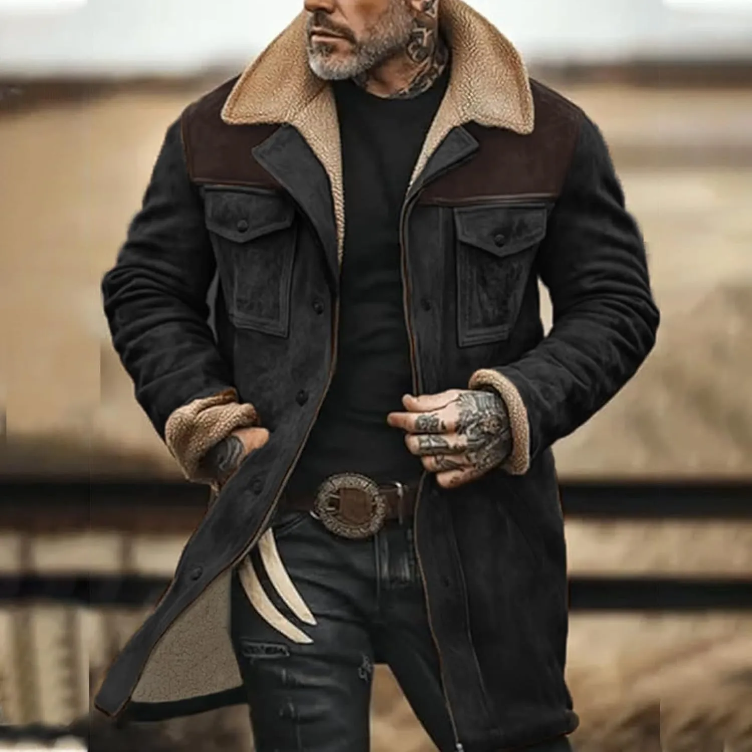 Men Vintage Suede Jacket Plush Collar Coats Faux Leather Winter Long Jackets Men Zip Up Motorcycle Jacket Coats Retro