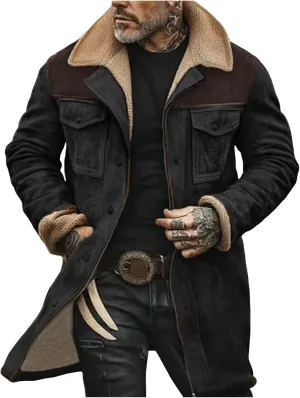 Men Vintage Suede Jacket Plush Collar Coats Faux Leather Winter Long Jackets Men Zip Up Motorcycle Jacket Coats Retro