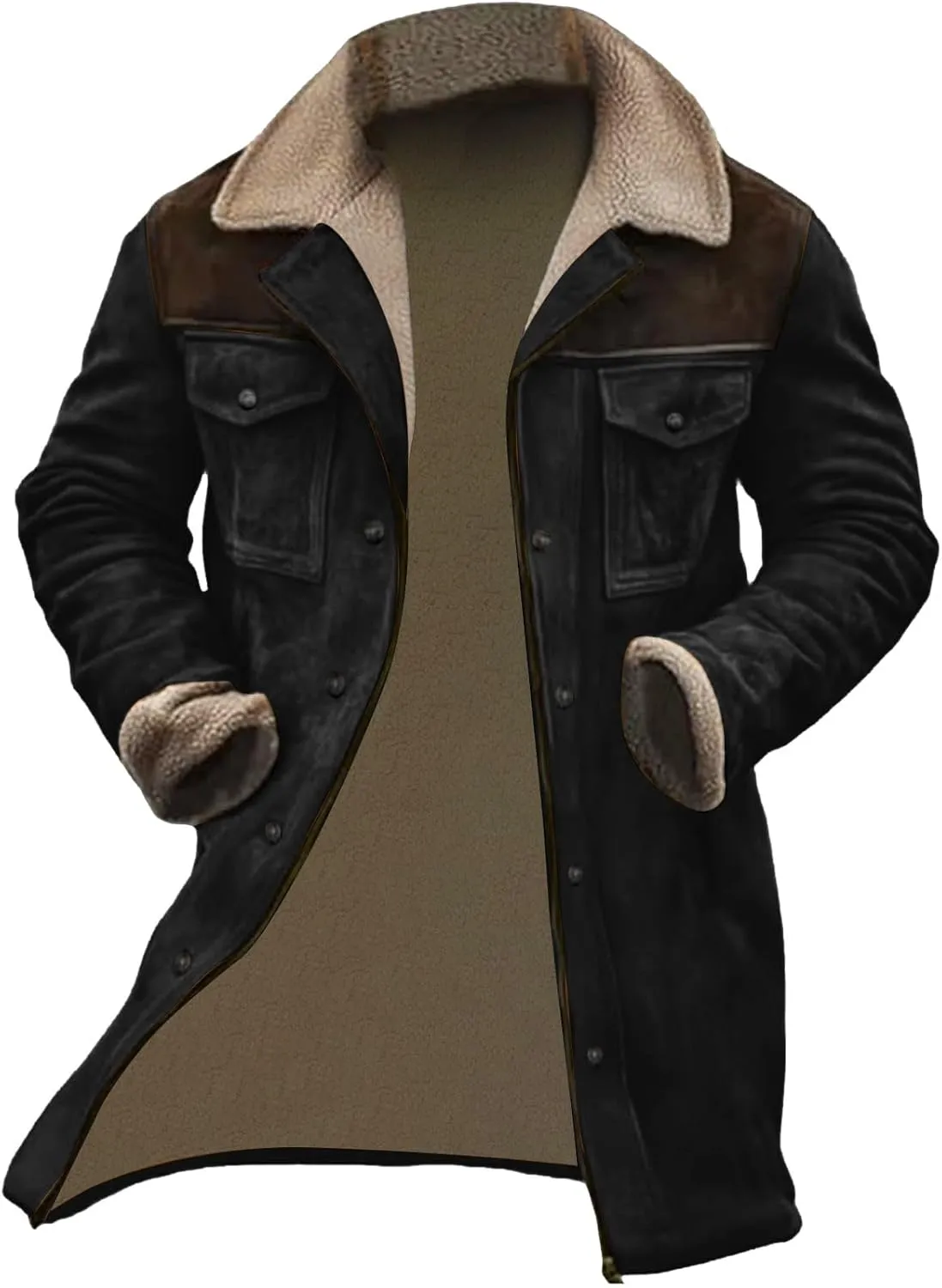 Men Vintage Suede Jacket Plush Collar Coats Faux Leather Winter Long Jackets Men Zip Up Motorcycle Jacket Coats Retro