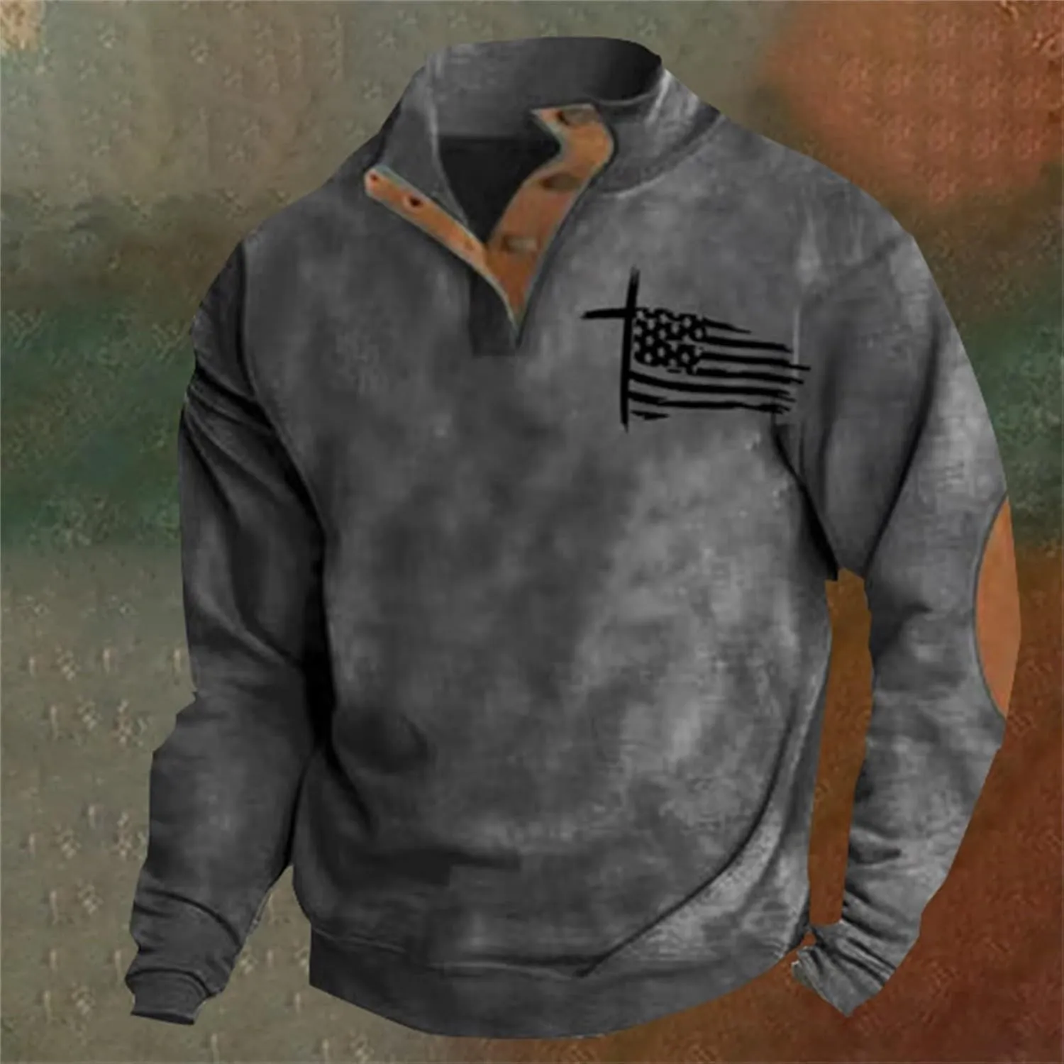 Men's American Flag Graphic Sweatshirts Western Aztec Print Vintage Top Henley Button Patchwork Pullover Sweaters