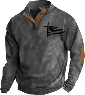 Men's American Flag Graphic Sweatshirts Western Aztec Print Vintage Top Henley Button Patchwork Pullover Sweaters