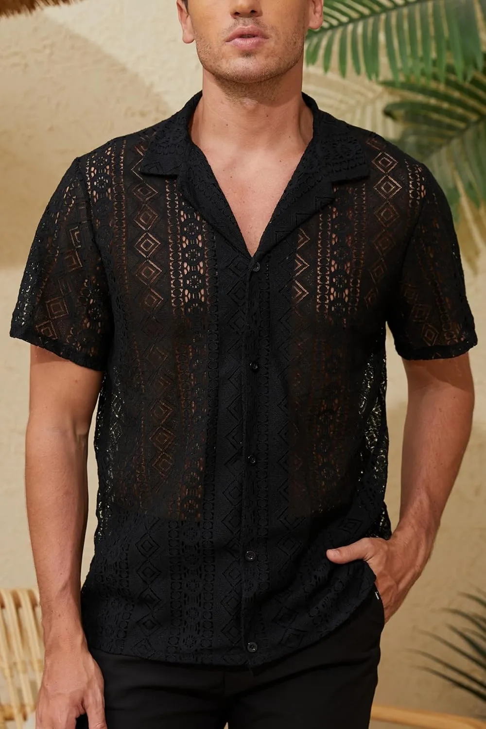 Men's Boho Short Sleeve Shirt See Through Lace Button Down Shirt