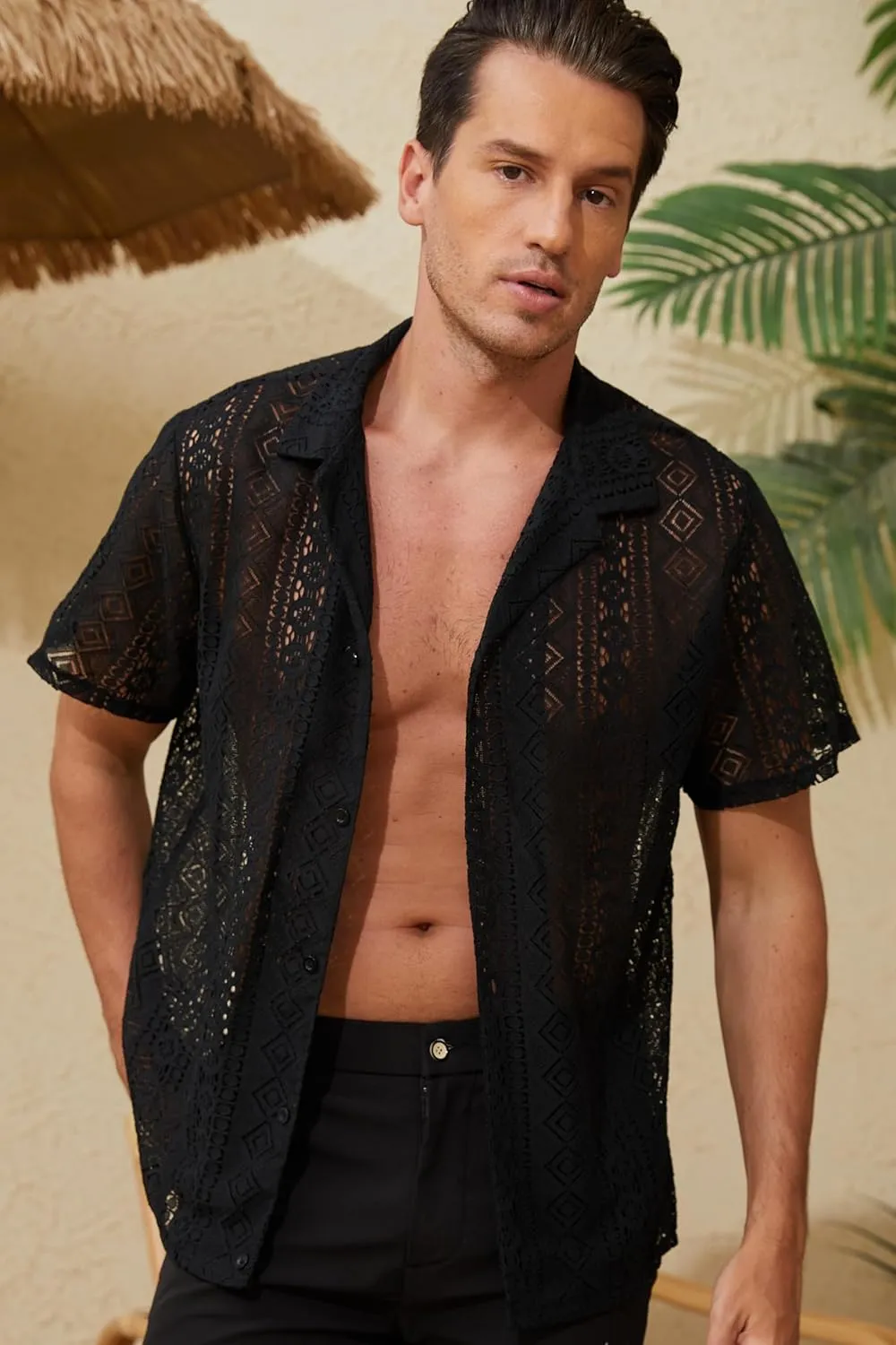 Men's Boho Short Sleeve Shirt See Through Lace Button Down Shirt