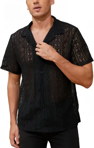 Men's Boho Short Sleeve Shirt See Through Lace Button Down Shirt