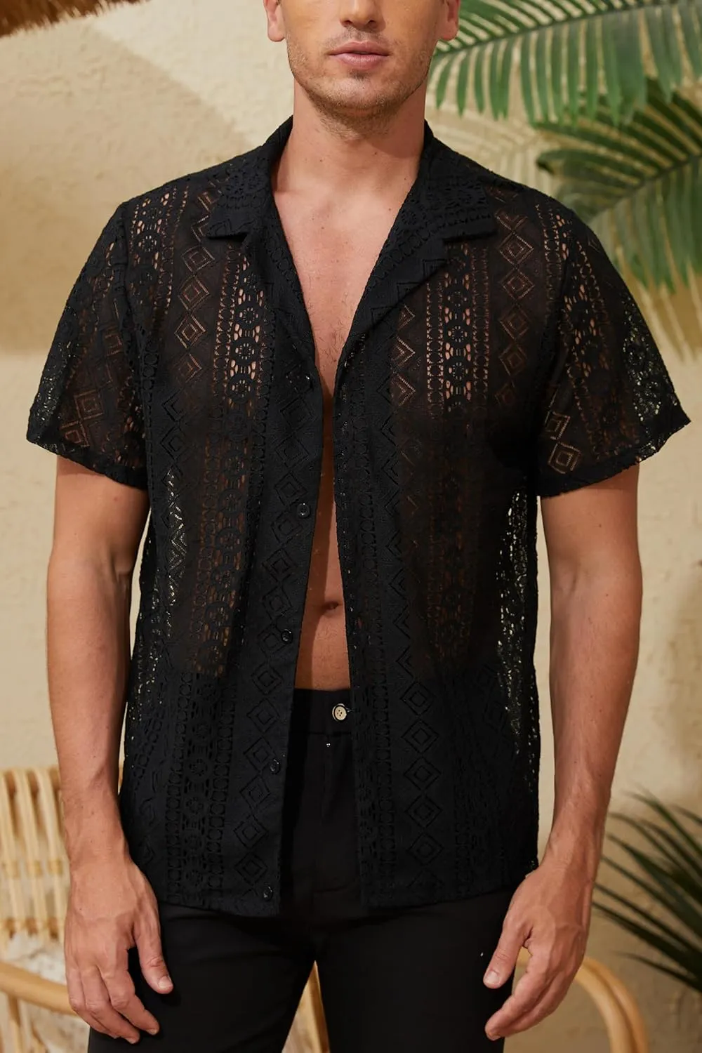 Men's Boho Short Sleeve Shirt See Through Lace Button Down Shirt