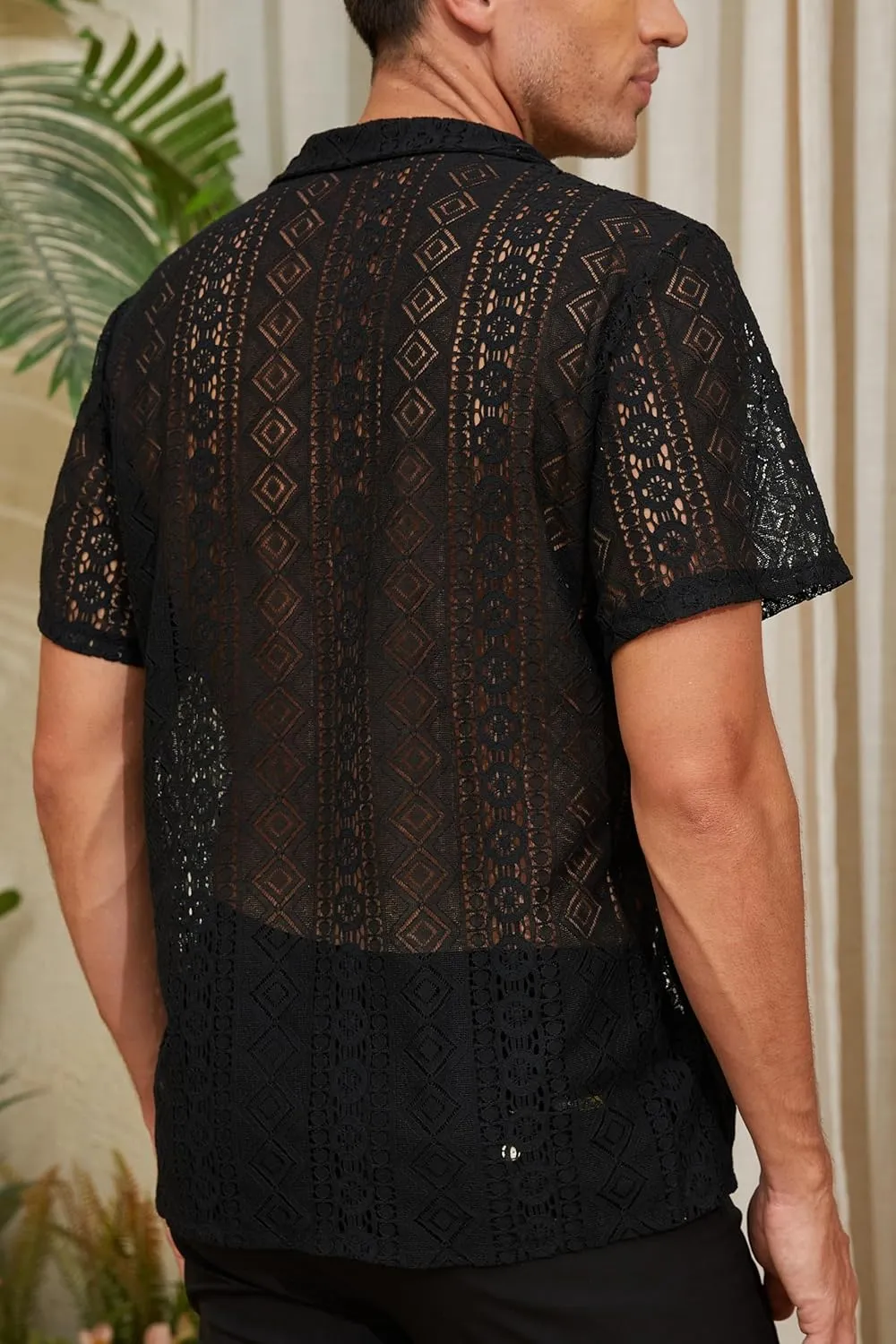 Men's Boho Short Sleeve Shirt See Through Lace Button Down Shirt